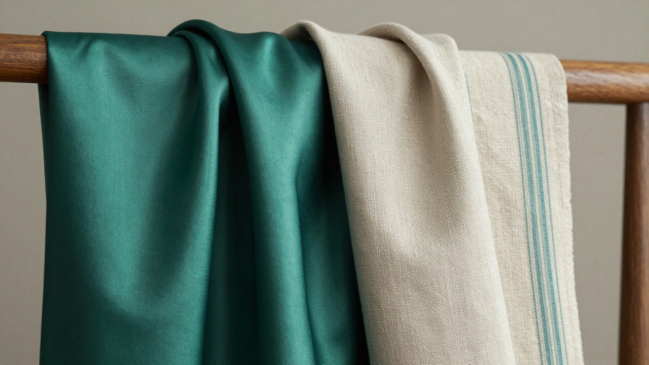 Close-up of mixed curtain fabrics in green, cream, and teal tones