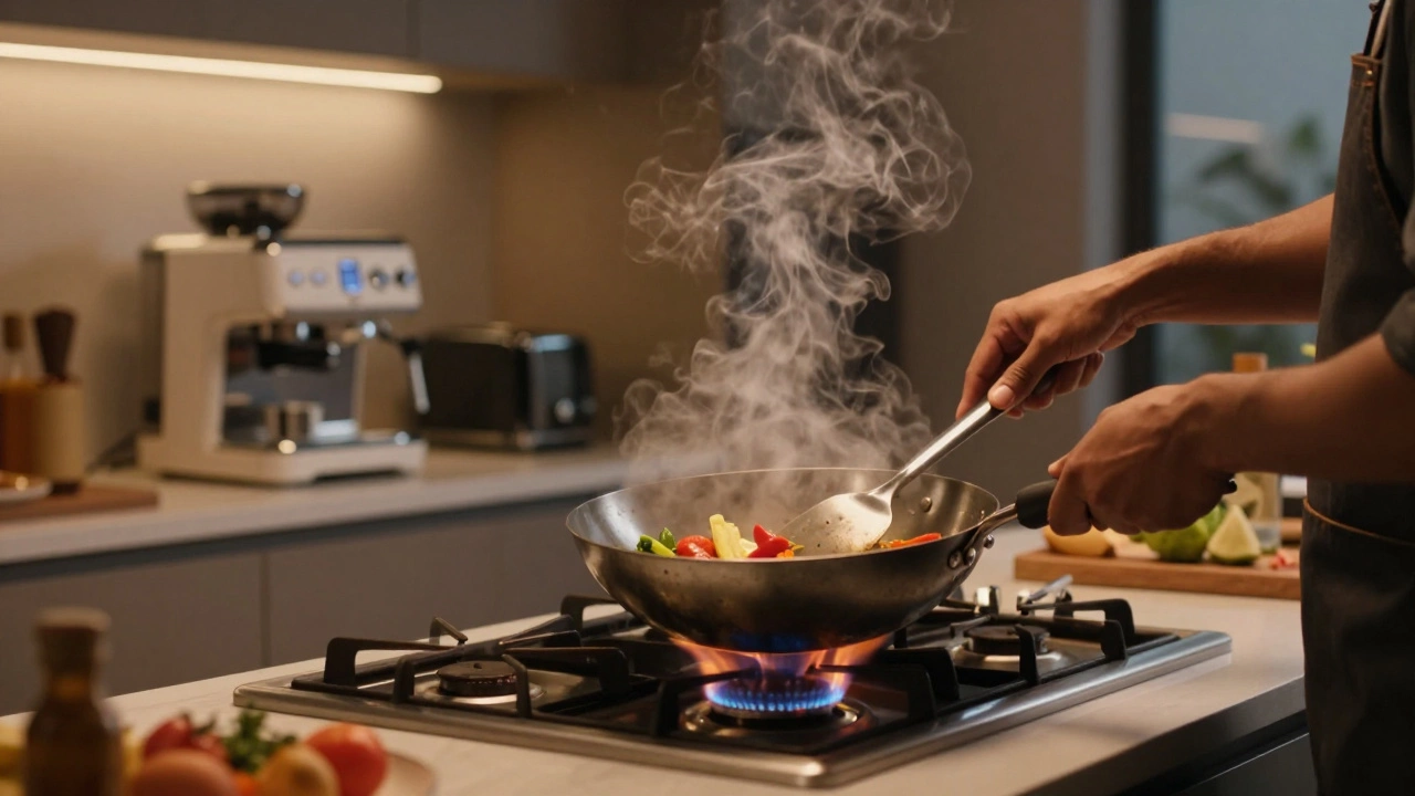 Cook usinging a wok on a stove with electric appliances idle in the background