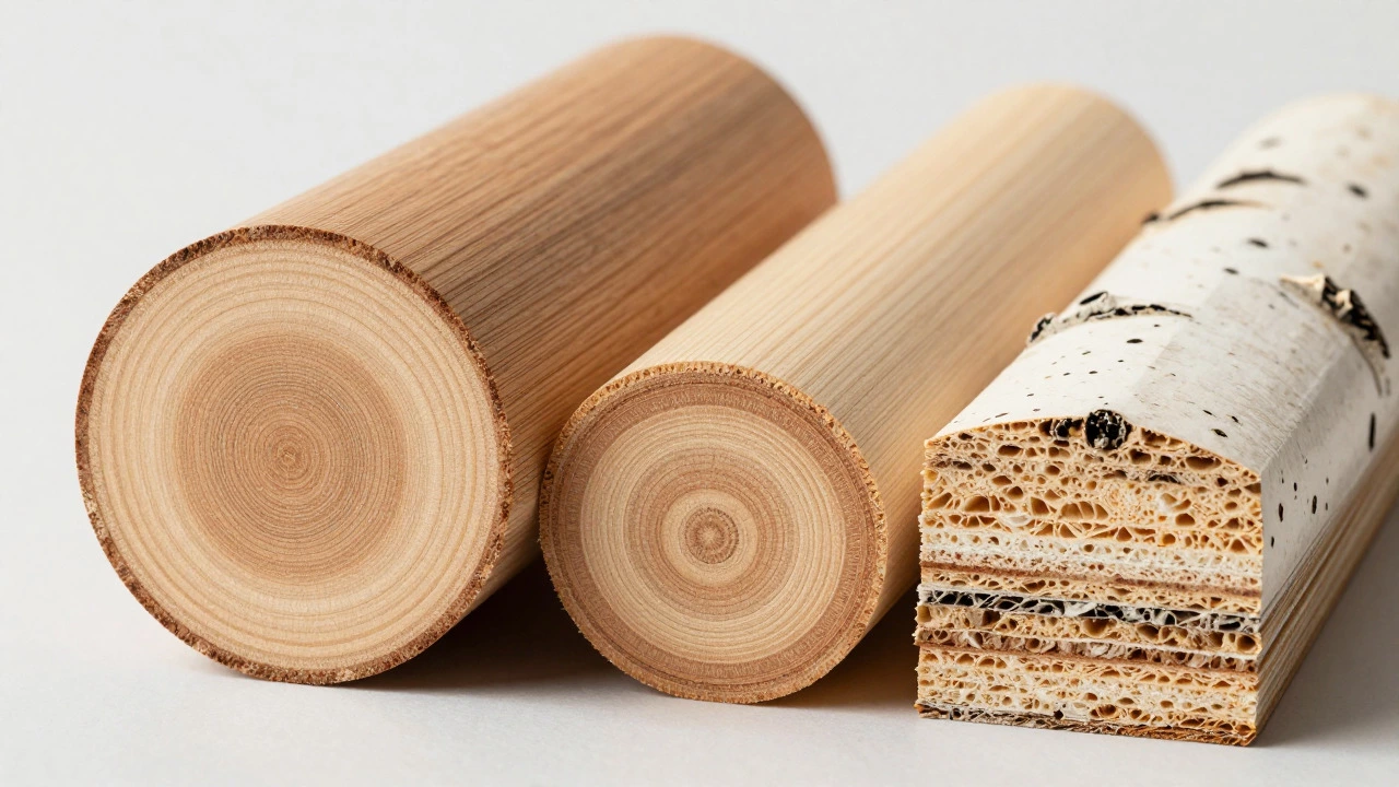 Cross-sections of oak, maple, and plywood showing grain structure