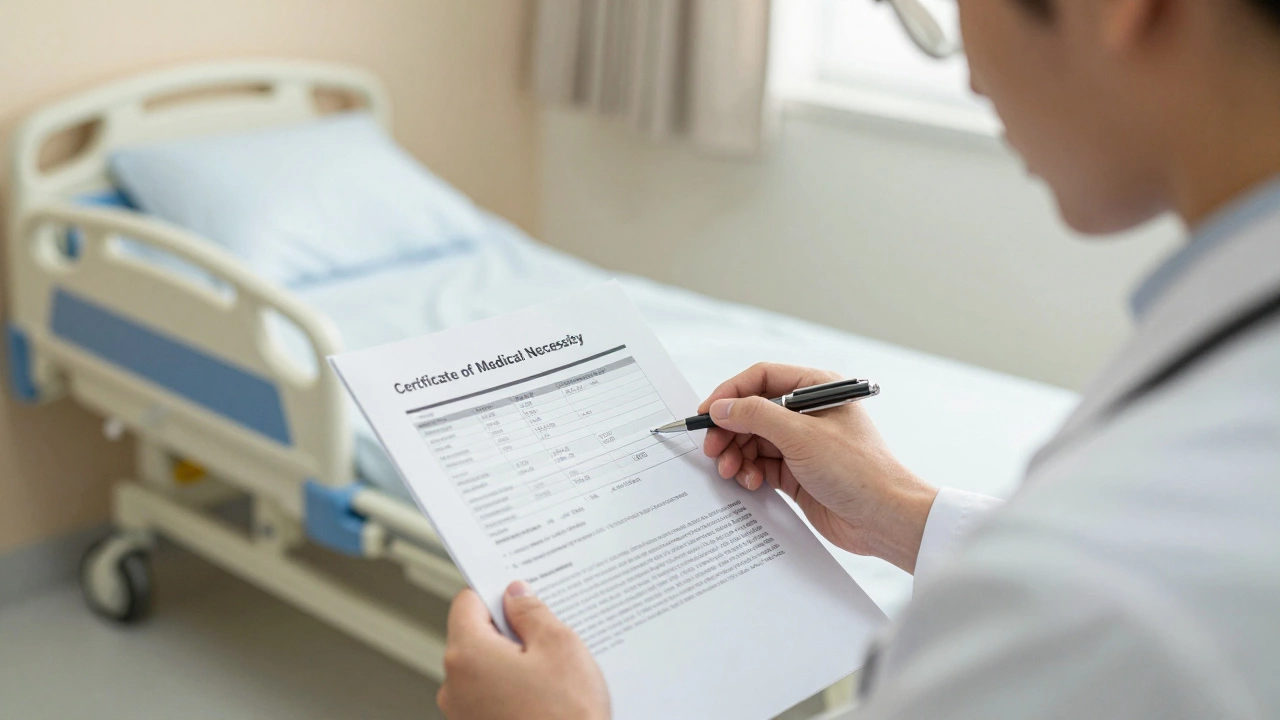 Doctor reviewing medical necessity paperwork for DME coverage