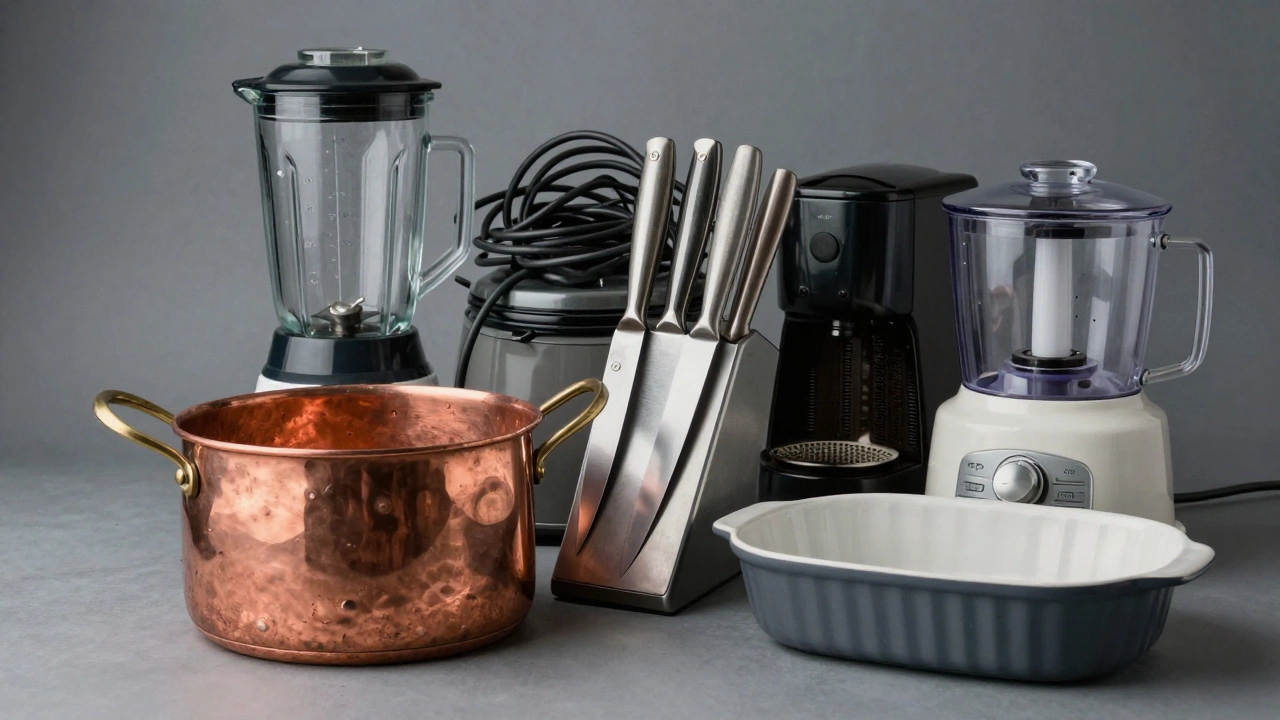 Durable heirloom kitchenware in foreground with broken appliances in background