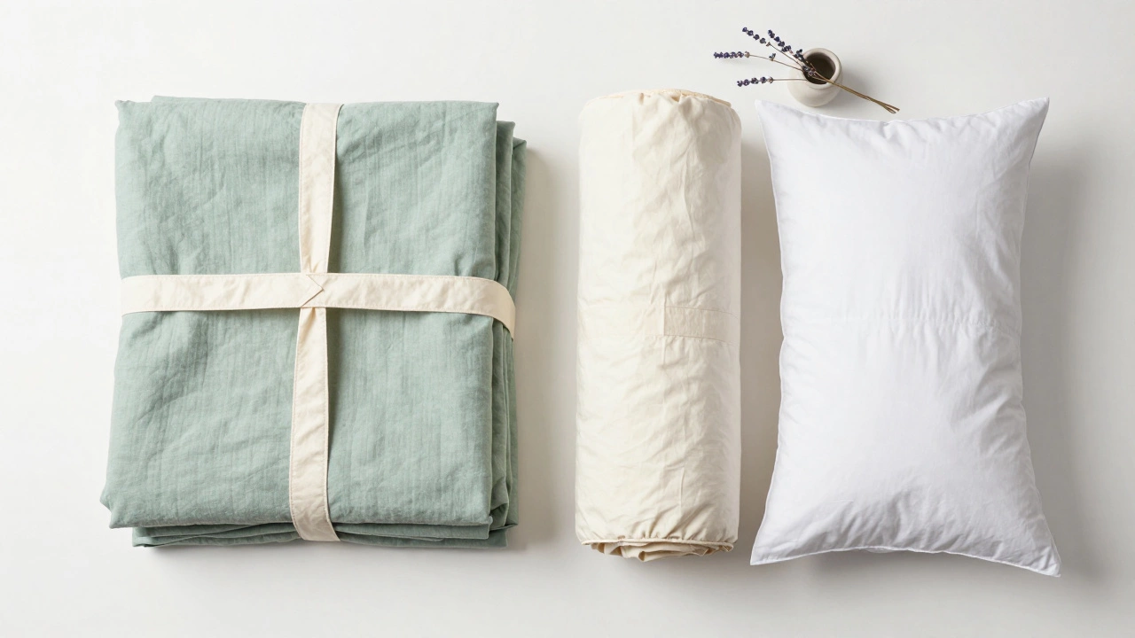 Flat lay of folded linen sheets and stored bedding for seasonal organization