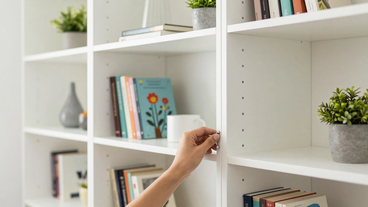 Hand adjusting a shelf pin in a modern white bookcase filled with books and decor.