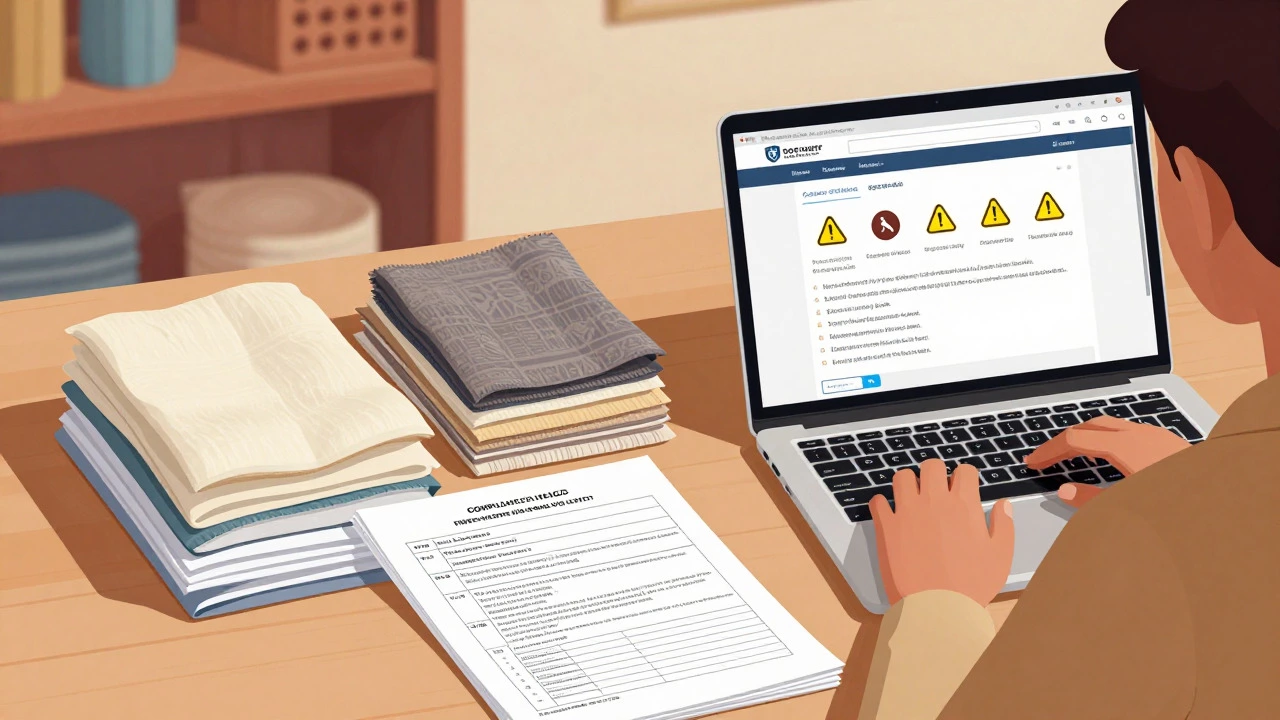 Online seller's desk with bedding samples, compliance papers, and a laptop