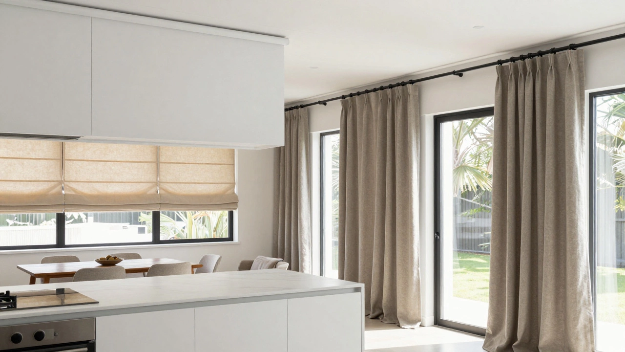 Open-plan room with unified rods holding different blind and drape styles
