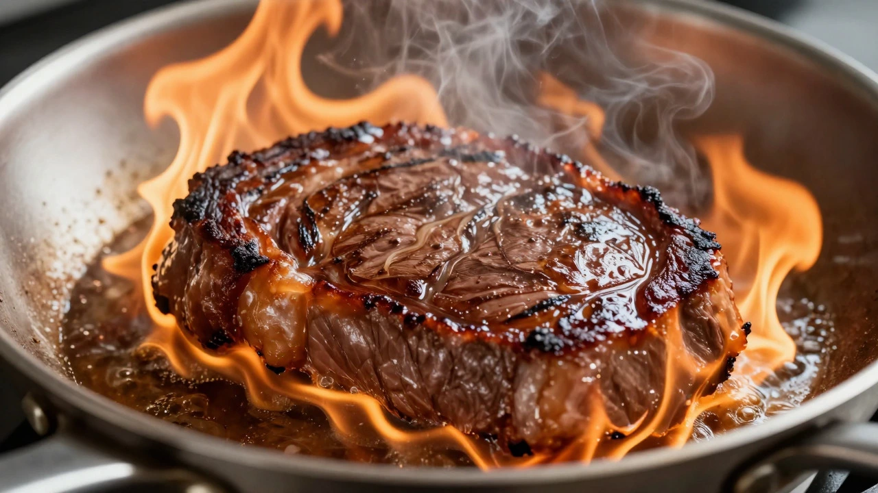 Close-up of steak searing in a hot stainless steel pan with intense flames