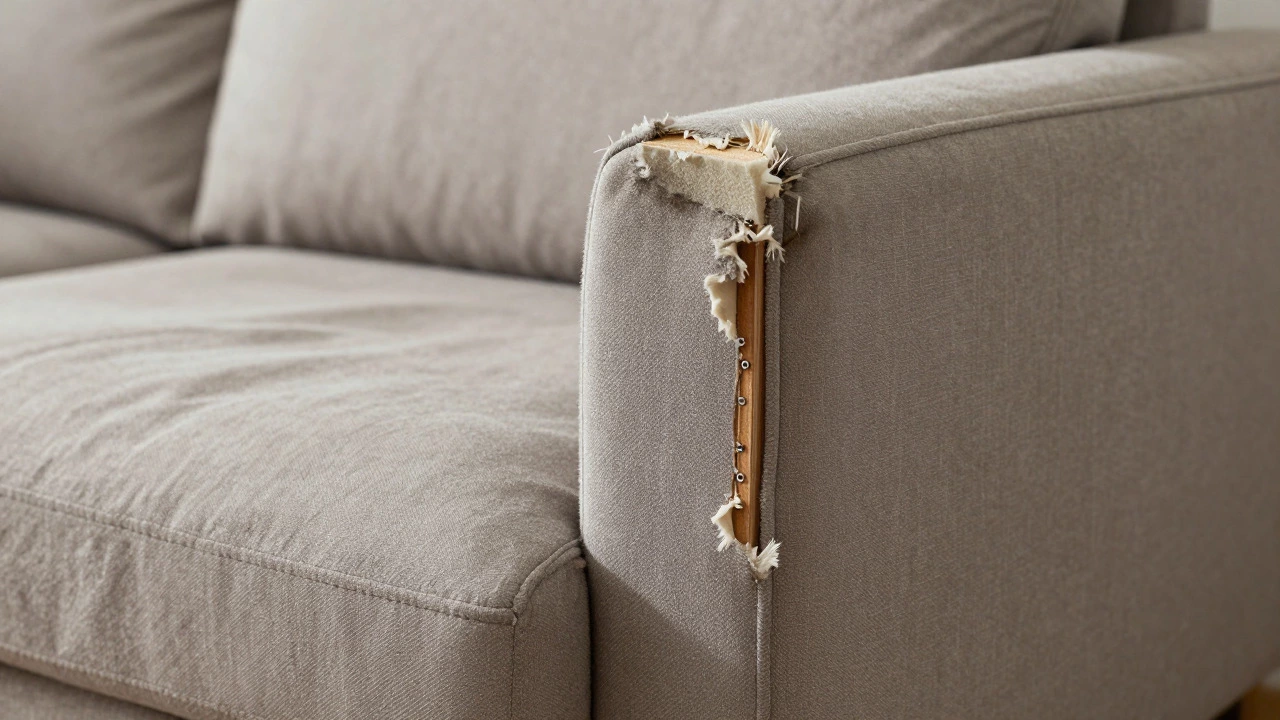 Close-up of worn, sagging cheap sofa cushions and fabric.