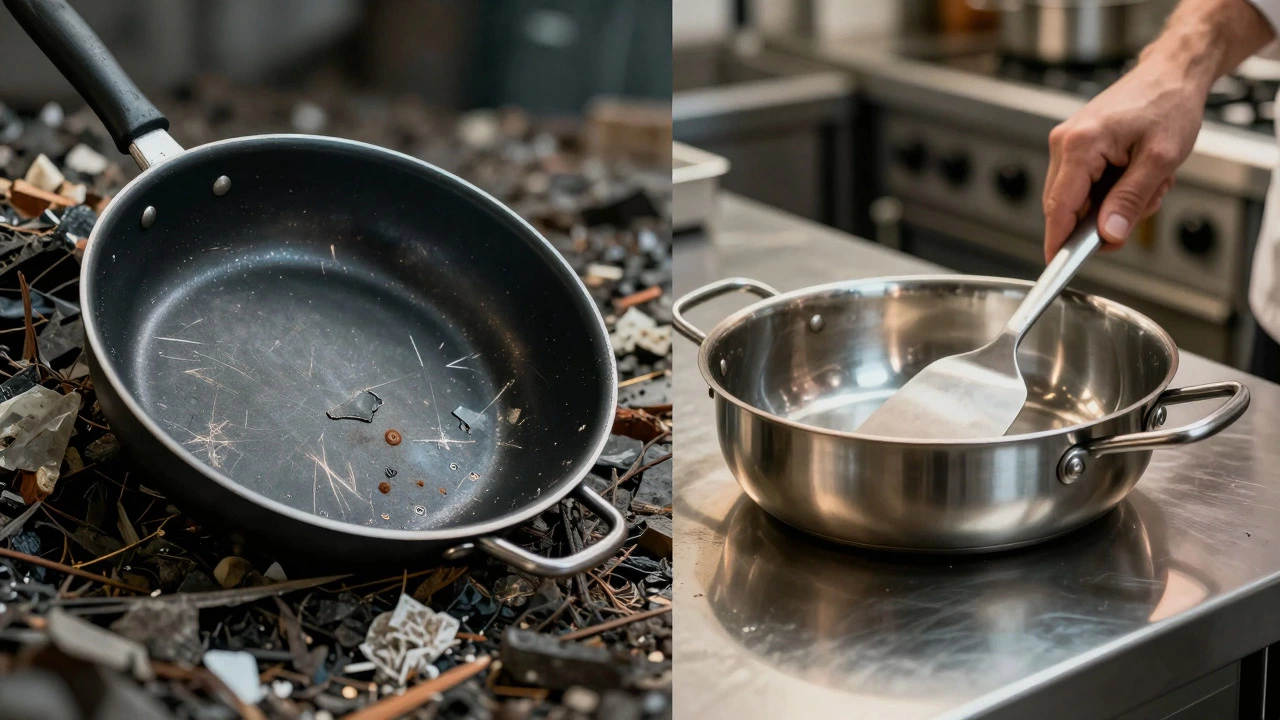 Contrast between a damaged non-stick pan in trash and a durable stainless steel pan