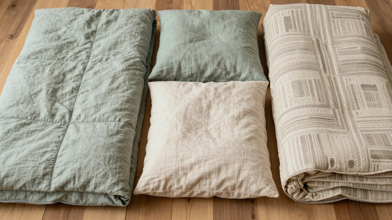 Flat lay of linen, Tencel, and cotton bedding textiles