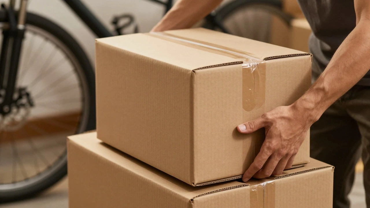 Hands stacking heavy moving boxes to maximize vertical space in storage