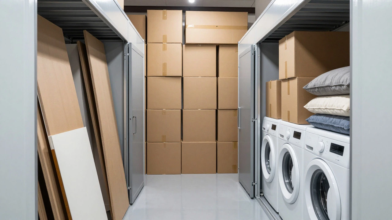 Interior of a packed storage unit with stacked boxes and furniture
