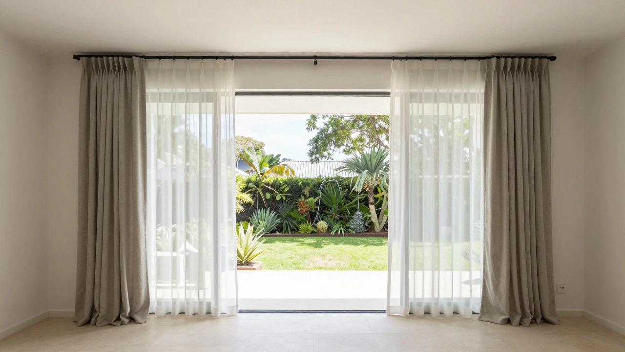 Layered stone-gray and sheer curtains framing a view to a sunny patio