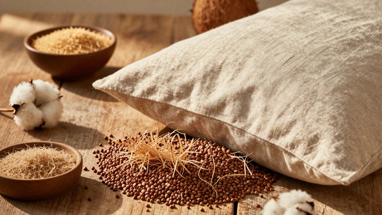 Linen pillowcase with buckwheat hulls and natural fiber fills on a wooden table