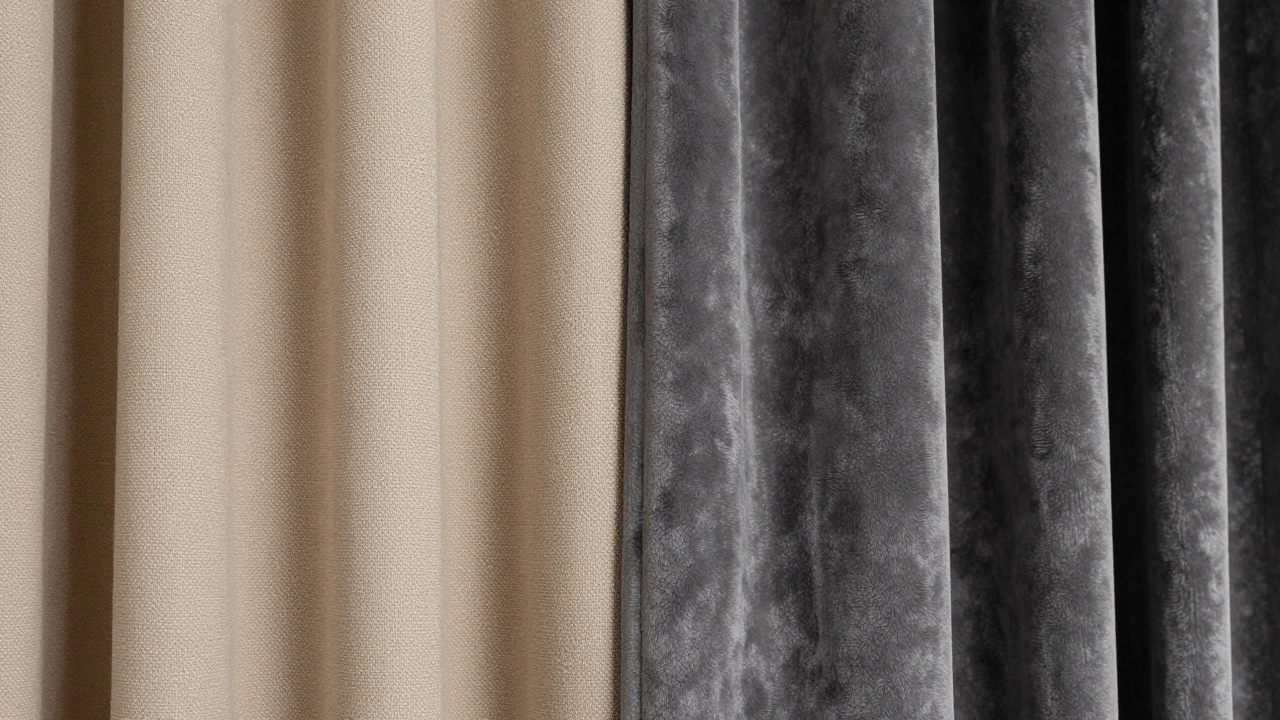 Macro shot comparing textured beige and smooth gray velvet curtain fabrics