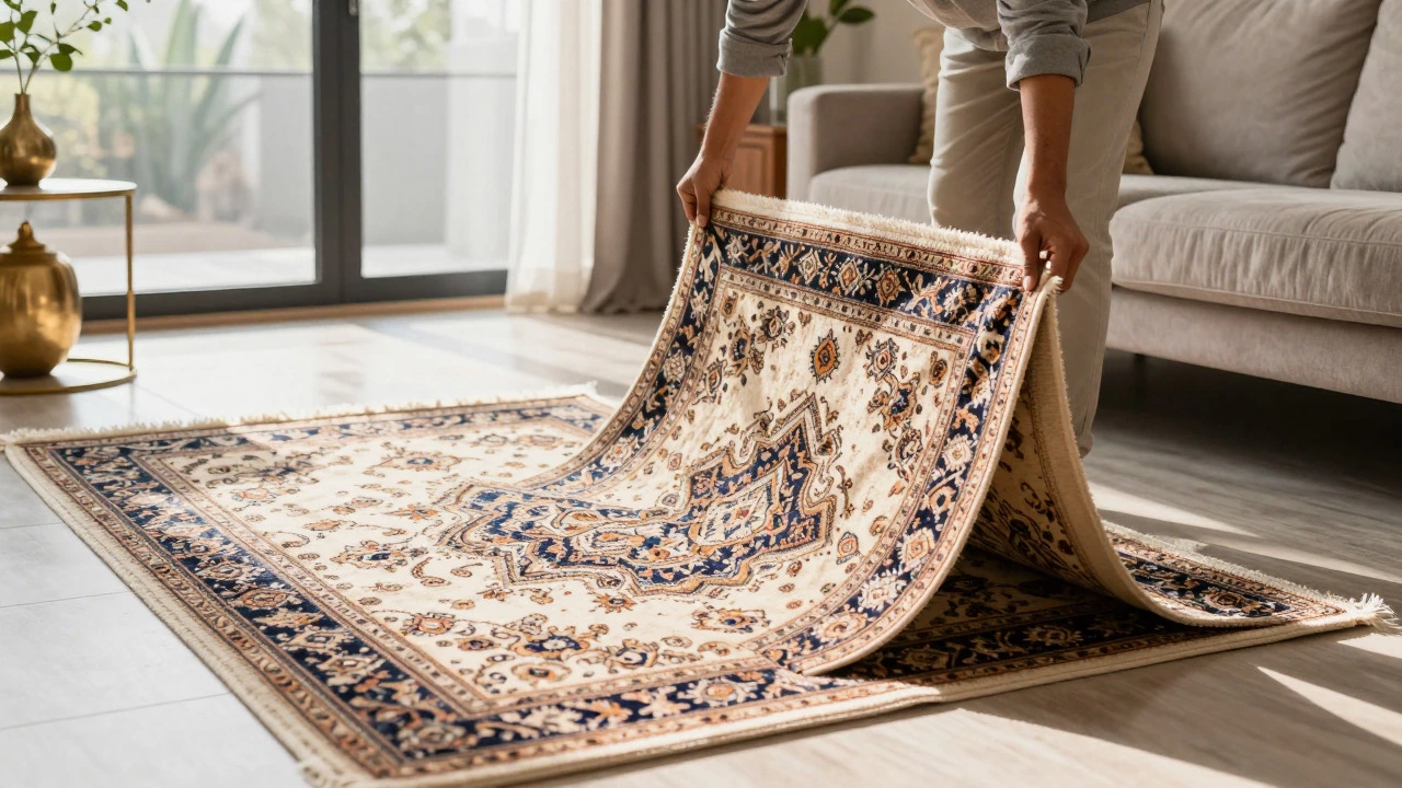 Person checking rug weight and backing in a sunlit room