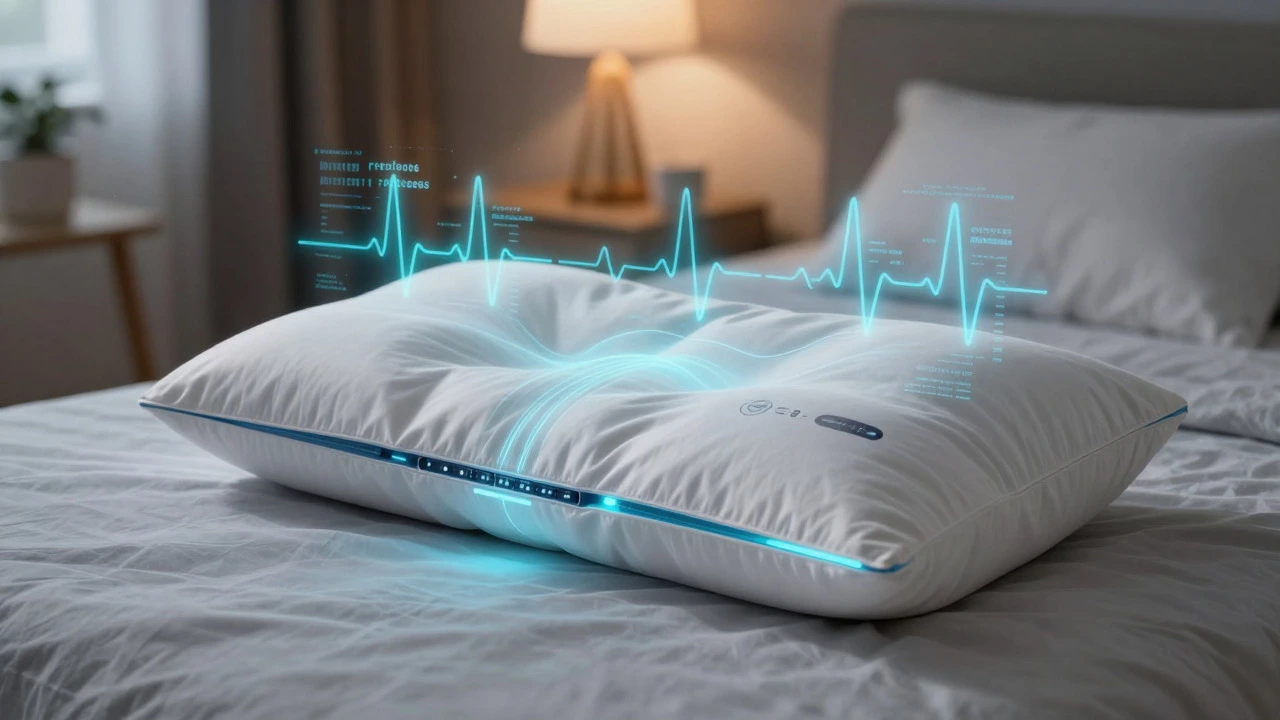 Smart pillow concept with glowing data streams representing sleep tracking technology
