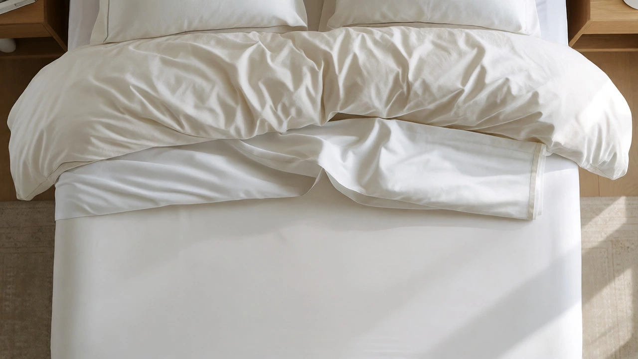 Bed with layered duvet and flat sheet draped over a fitted base.