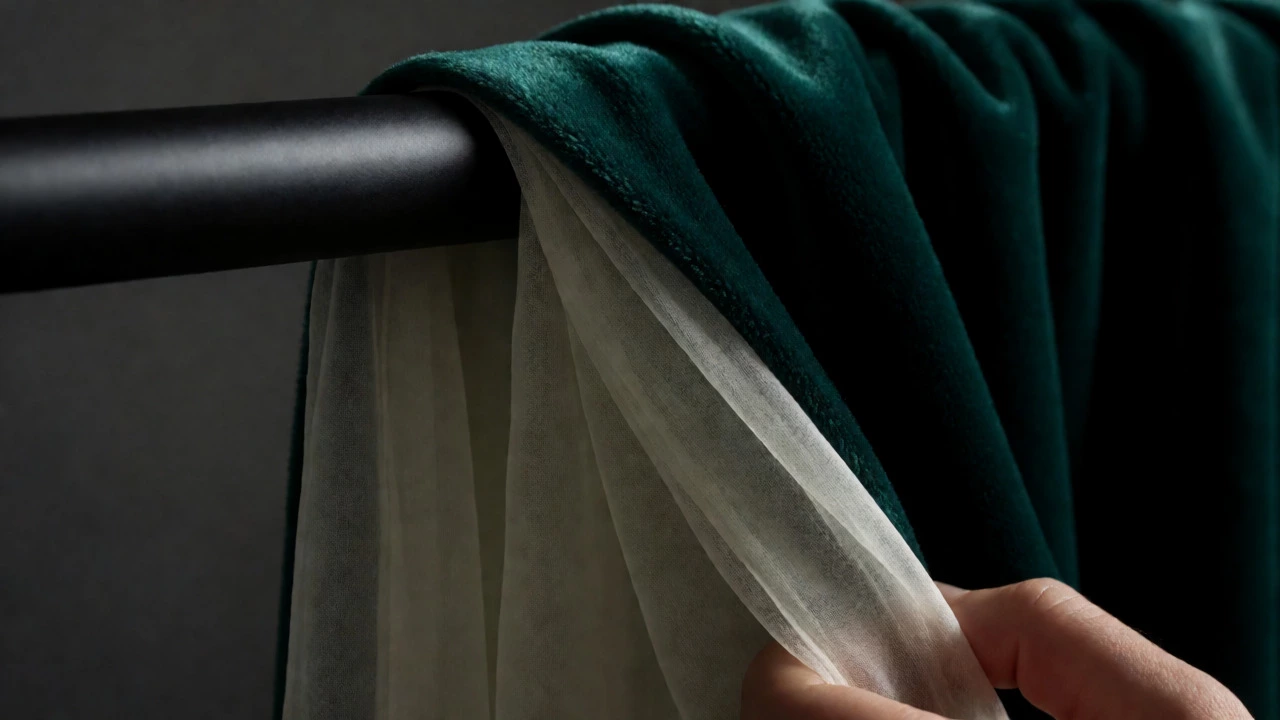 Close-up of layered velvet and sheer curtains on a matte black rod showing fabric texture
