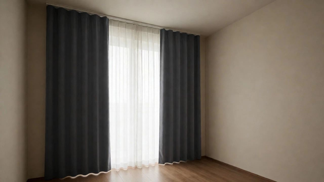 Double-layered charcoal and sheer curtains in a minimalist bedroom with controlled lighting