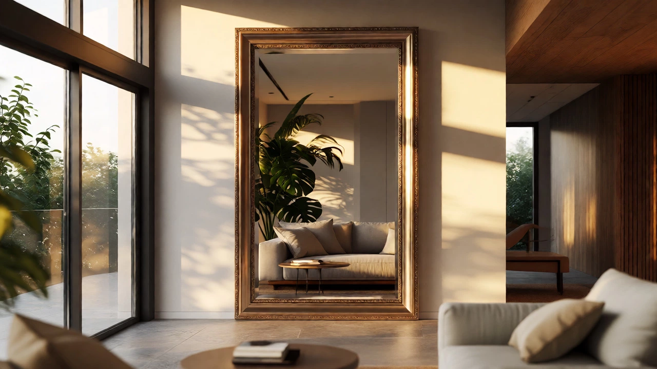 Large plane mirror reflecting light and plants in a living room