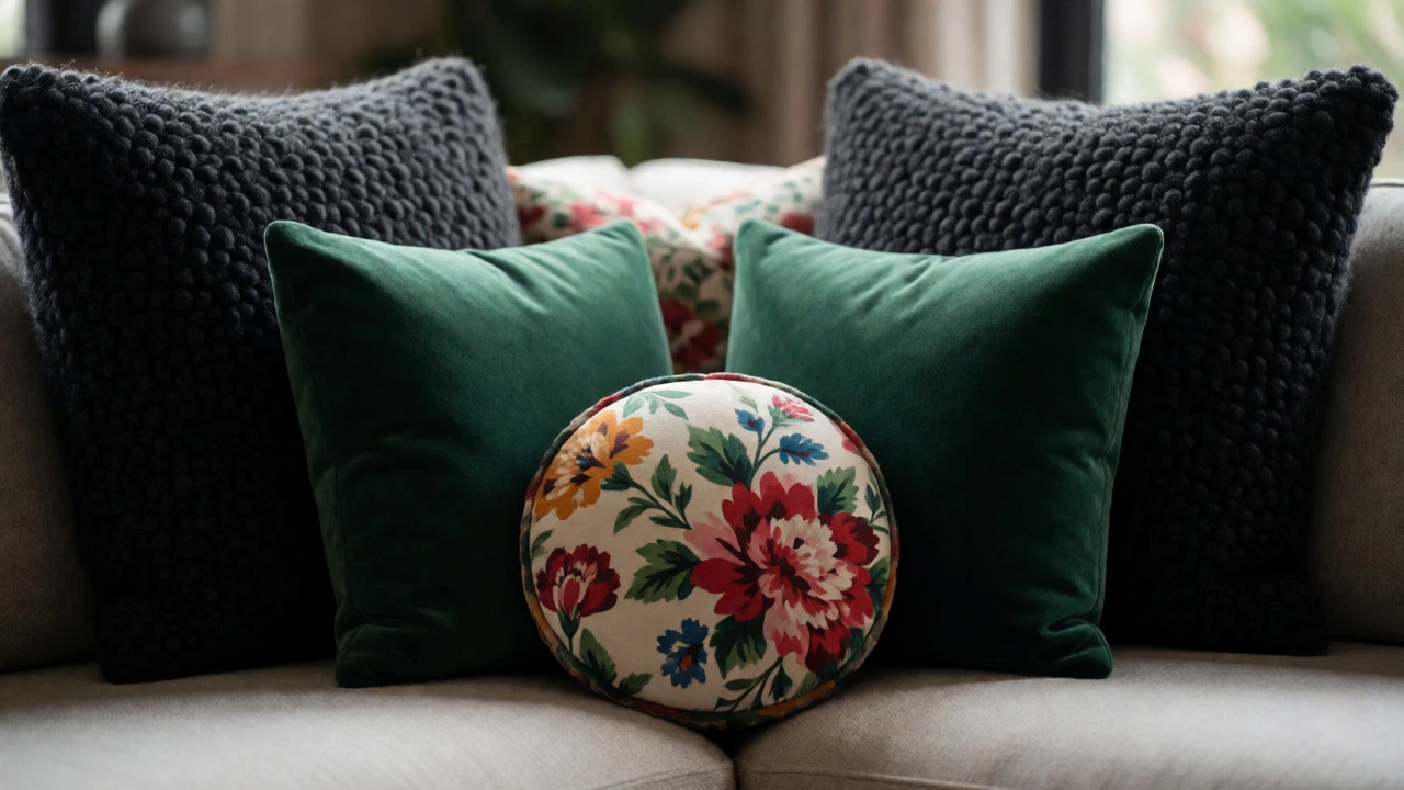 Layered textured cushions in wool, velvet, and prints on a sofa