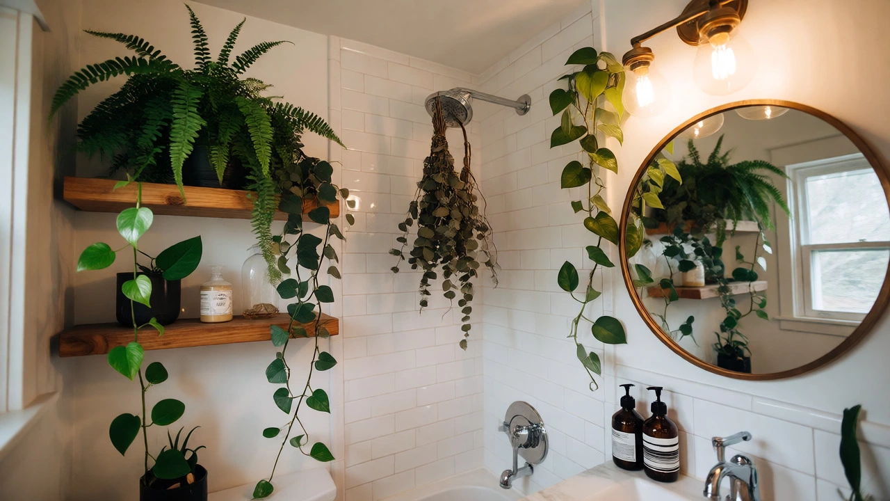 Lush ferns and eucalyptus bring natural greenery and life to a bathroom corner.