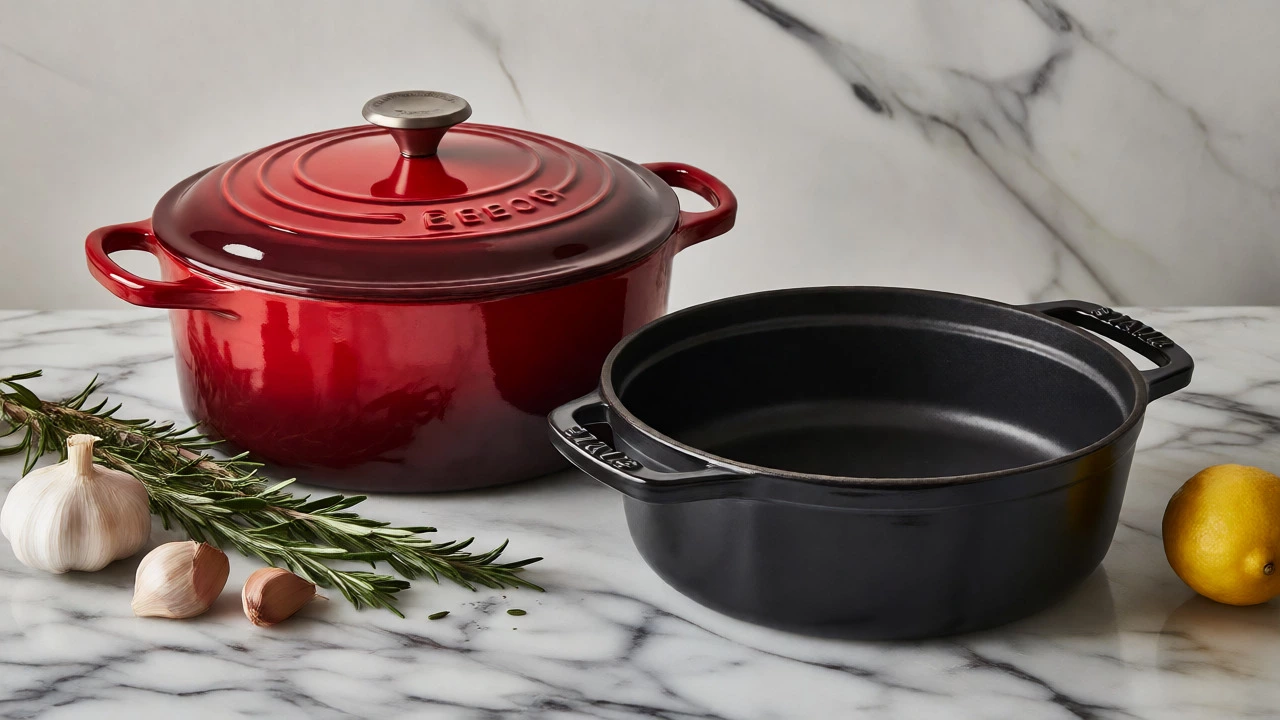 Luxury Le Creuset and Staub enameled cocottes on a marble surface