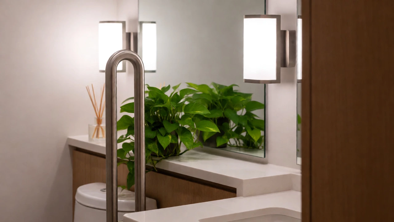 Modern bathroom with LED vanity lights, grab bar, and indoor plant