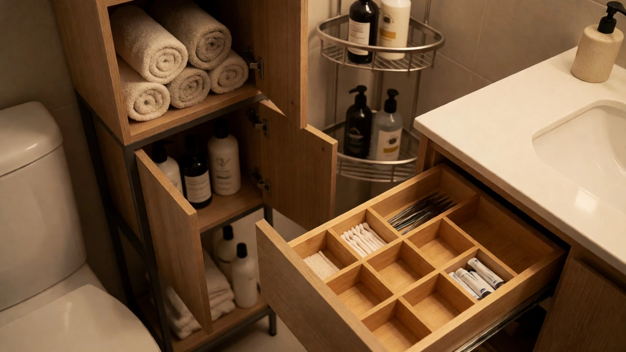 Over-toilet storage unit and organized vanity drawers in small bathroom
