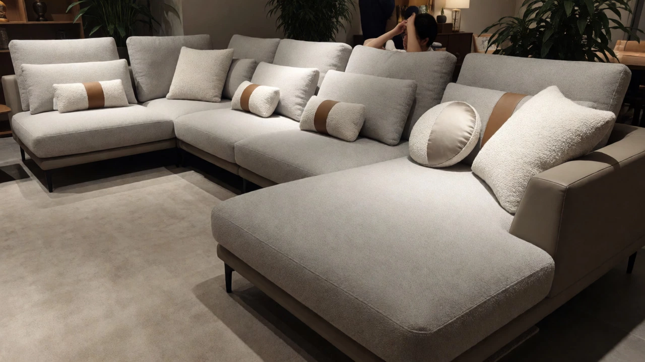 Person relaxing on a sectional with seven styled cushions