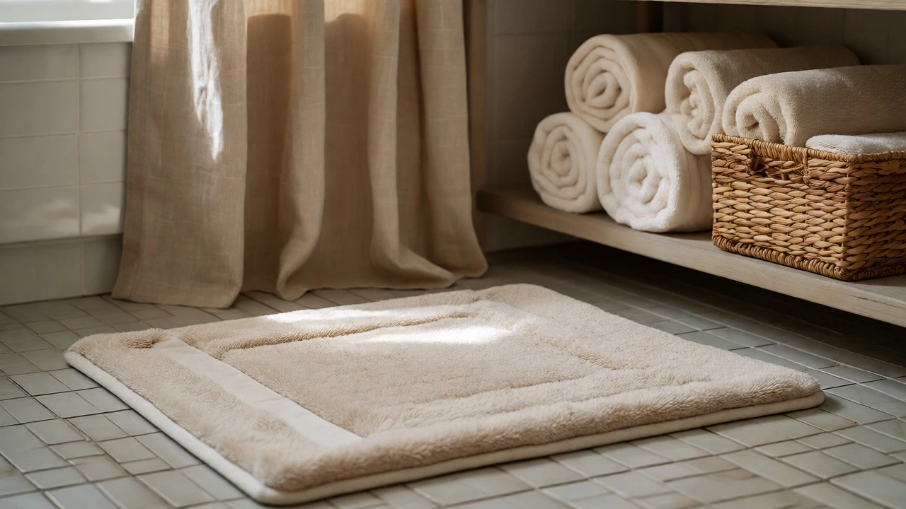 Plush bath mats and rolled towels in a basket soften hard bathroom surfaces.