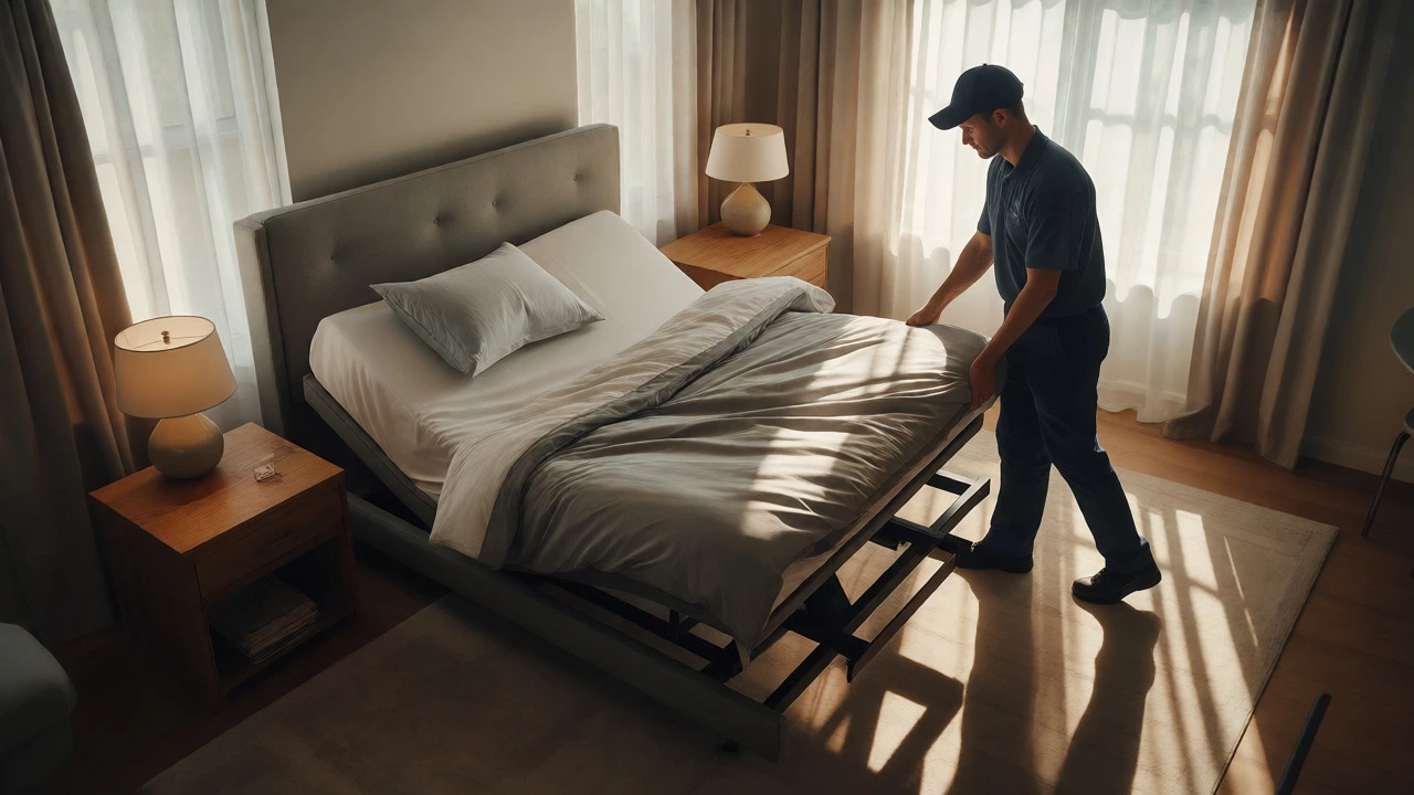 Technician installing an adjustable bed frame in a sunlit senior bedroom