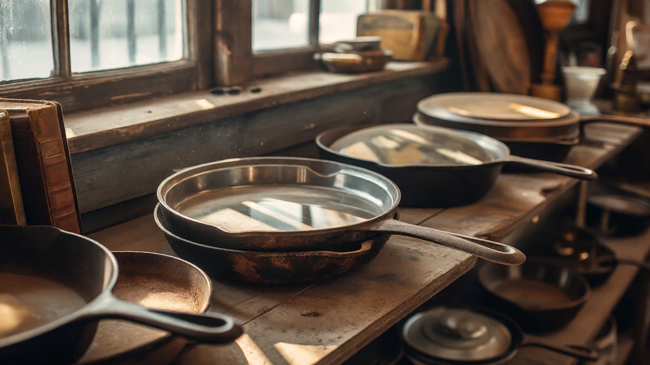 Vintage Griswold cast iron skillets displayed on an antique shop shelf
