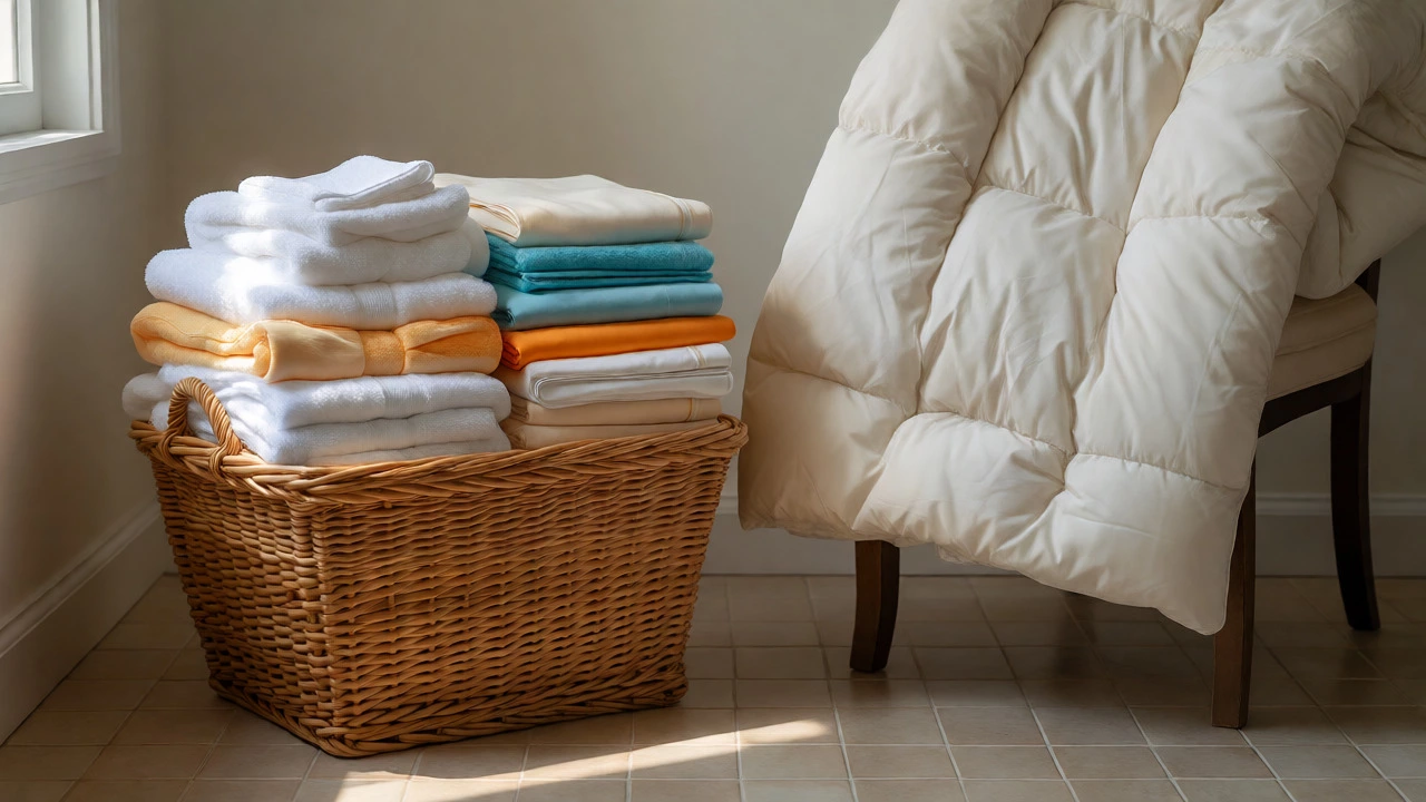 Basket of folded towels and sheets next to a bulky quilted comforter.