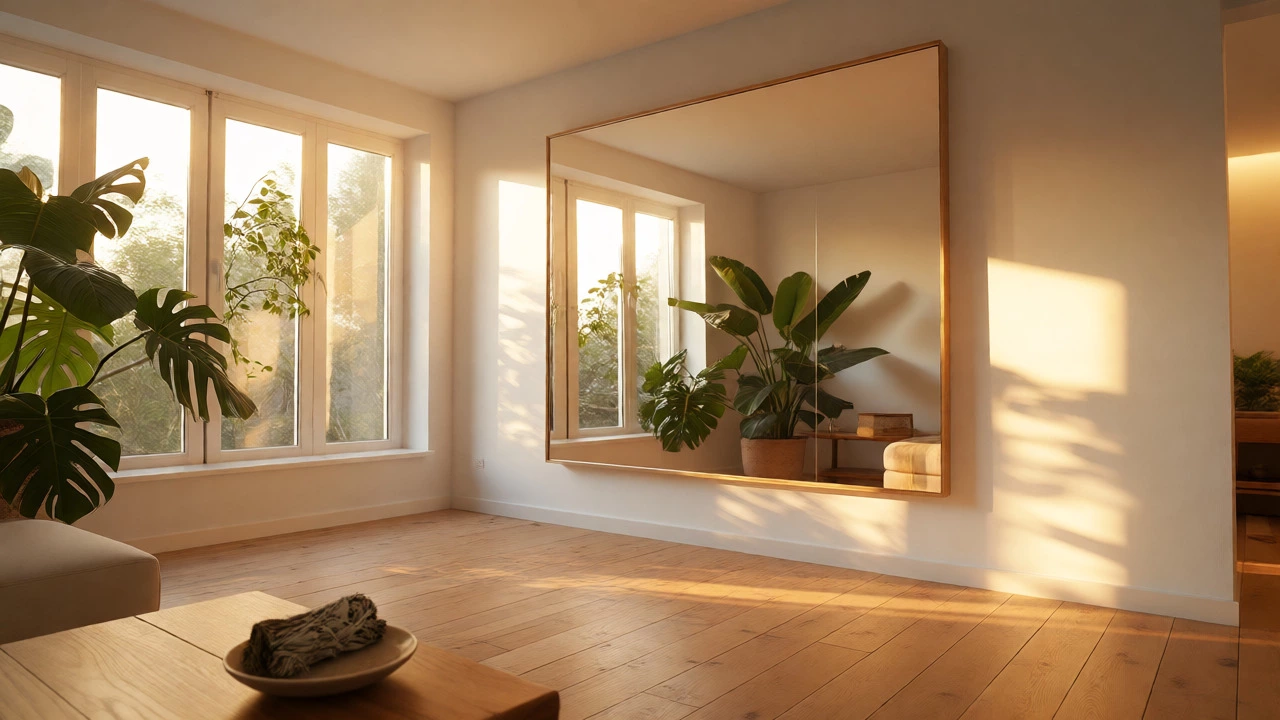 Bright living room with large mirror reflecting plants and natural light