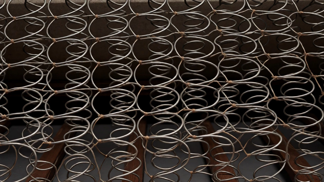 Close-up view of eight-way hand-tied steel springs under a sofa seat.