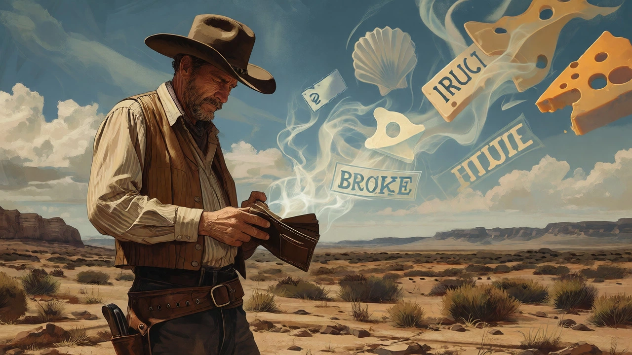 Cowboy with empty wallet surrounded by symbolic money slang