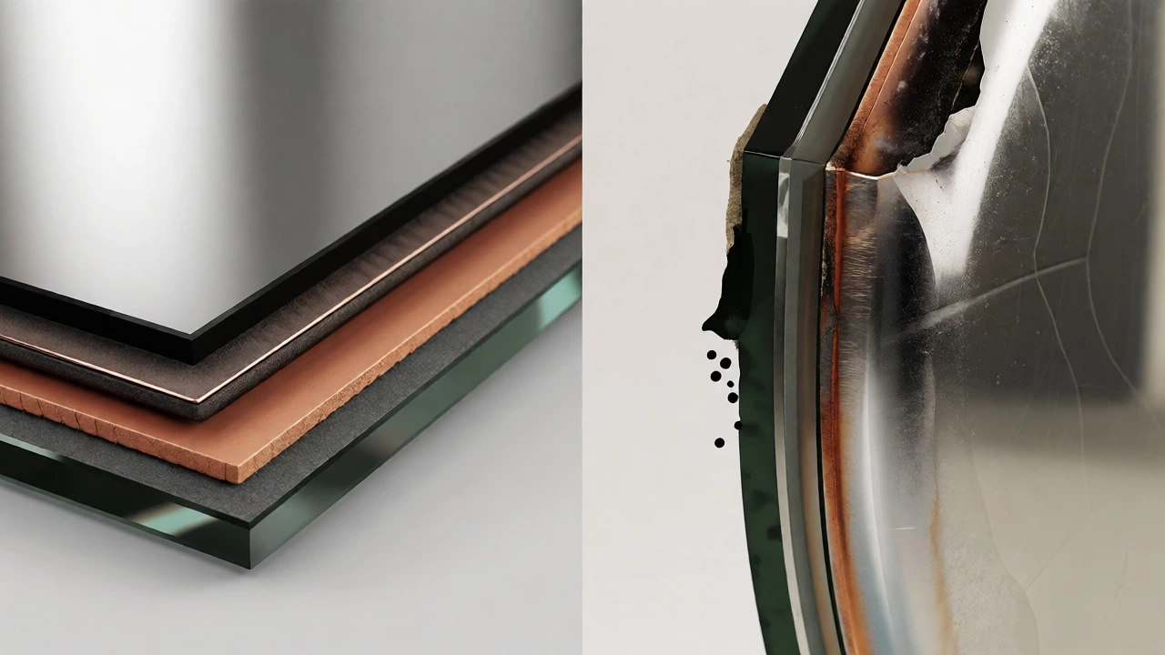 Cross-section diagram comparing pristine copper-free mirror layers with oxidized copper-based backing.