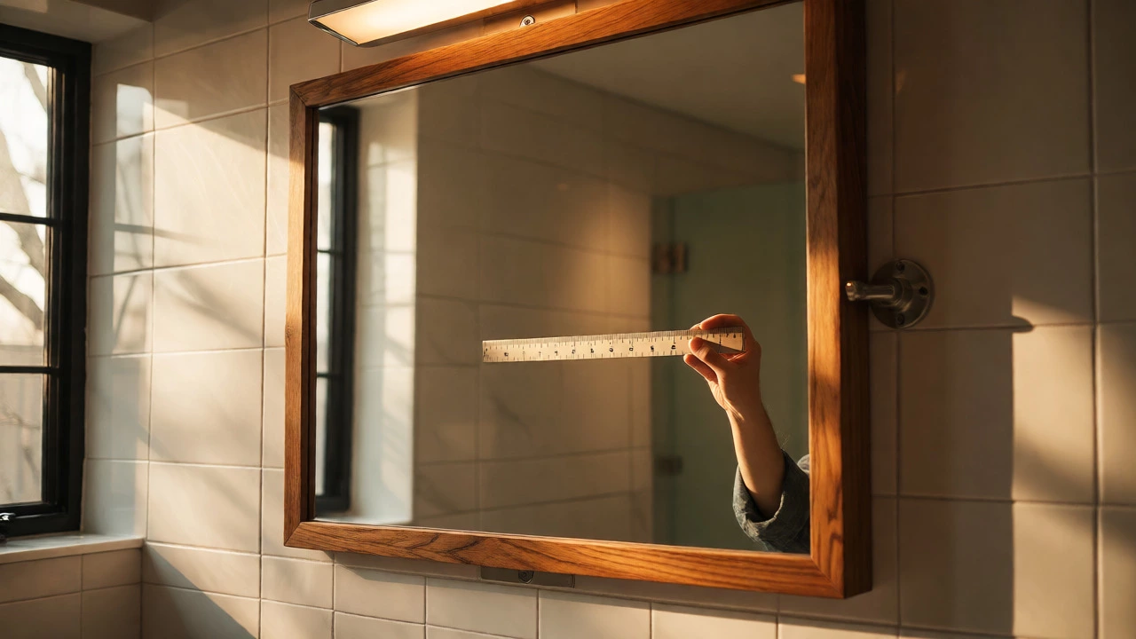 High-quality wooden-framed bathroom mirror reflecting a ruler test for optical clarity.