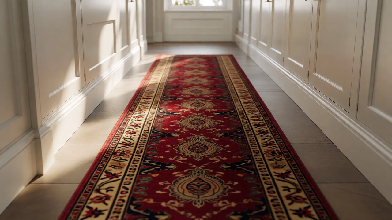 Long runner rug defining a narrow hallway path with proper clearance