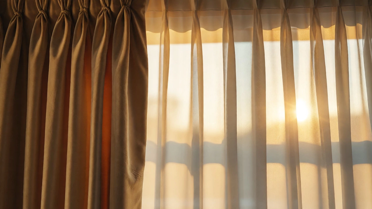 Luxury velvet goblet pleats paired with sheer voile panels filtering sunlight