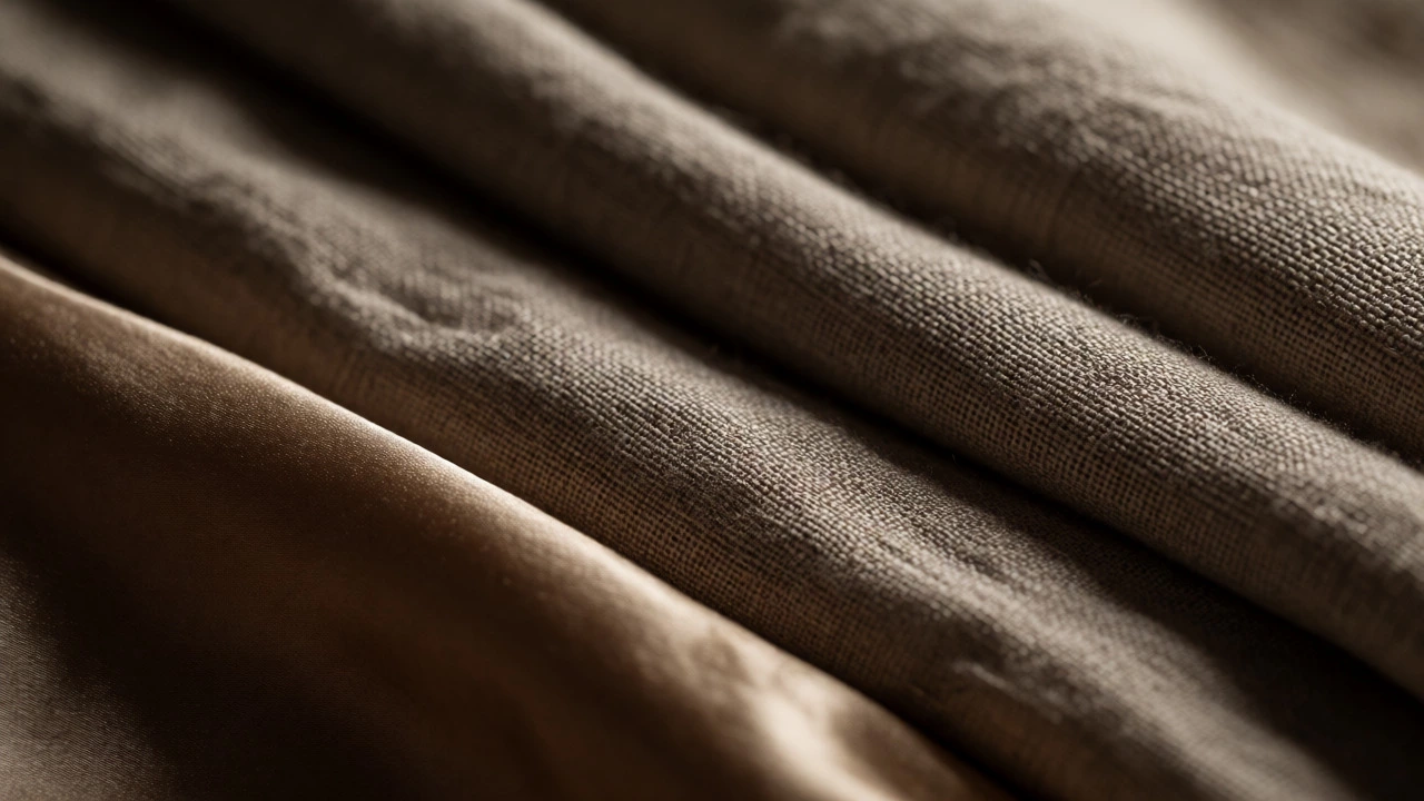 Macro shot of overlapping folds of silk-like bamboo, textured linen, and woven cotton fabrics.