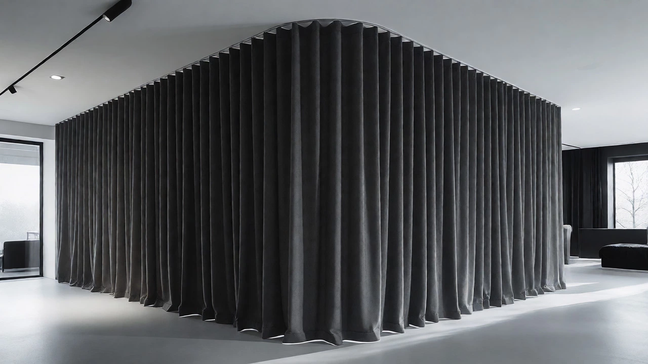 Modern wave fold curtains creating smooth architectural curves in an open plan space