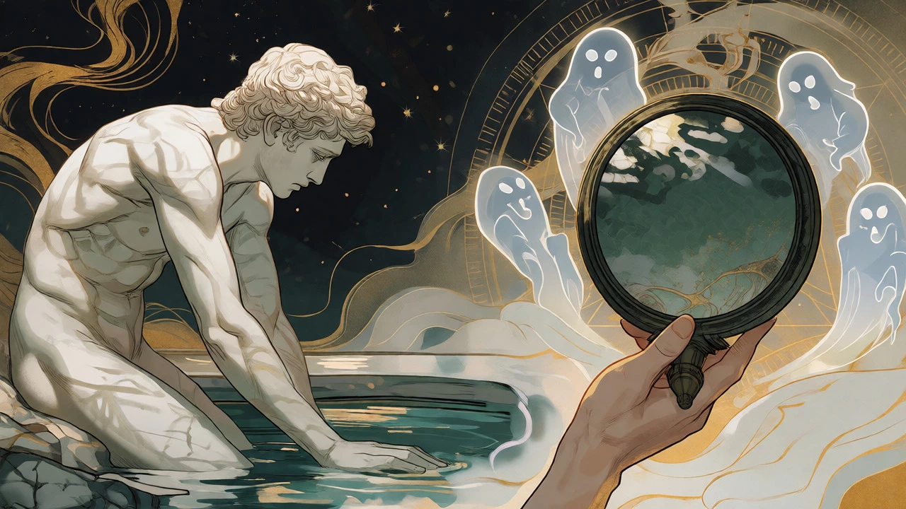 Narcissus statue beside spirits and a bronze portal mirror in mythological art