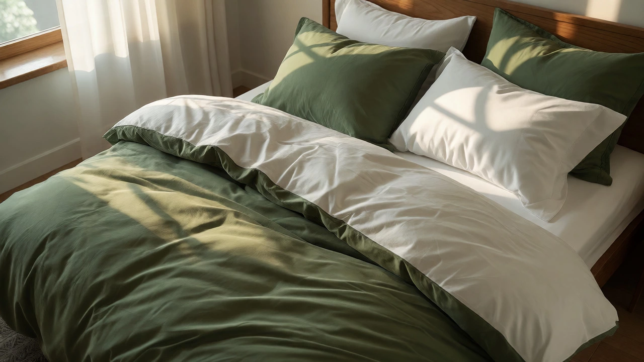 Neatly made bed with sage green duvet and white pillows in soft morning light.