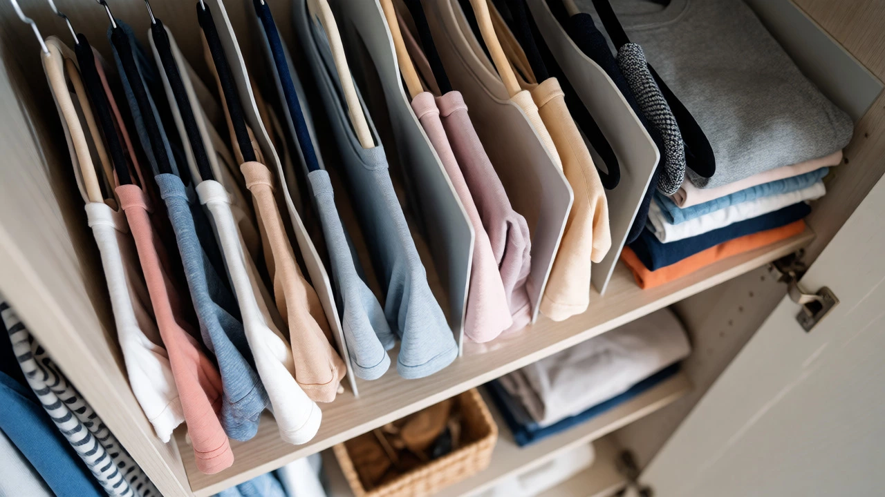 Organized wardrobe with slim hangers and shelf dividers