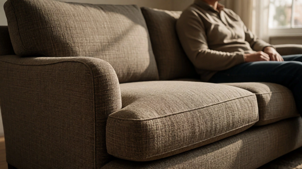 Person sitting comfortably on a durable, high-density cushioned sofa in sunlight.