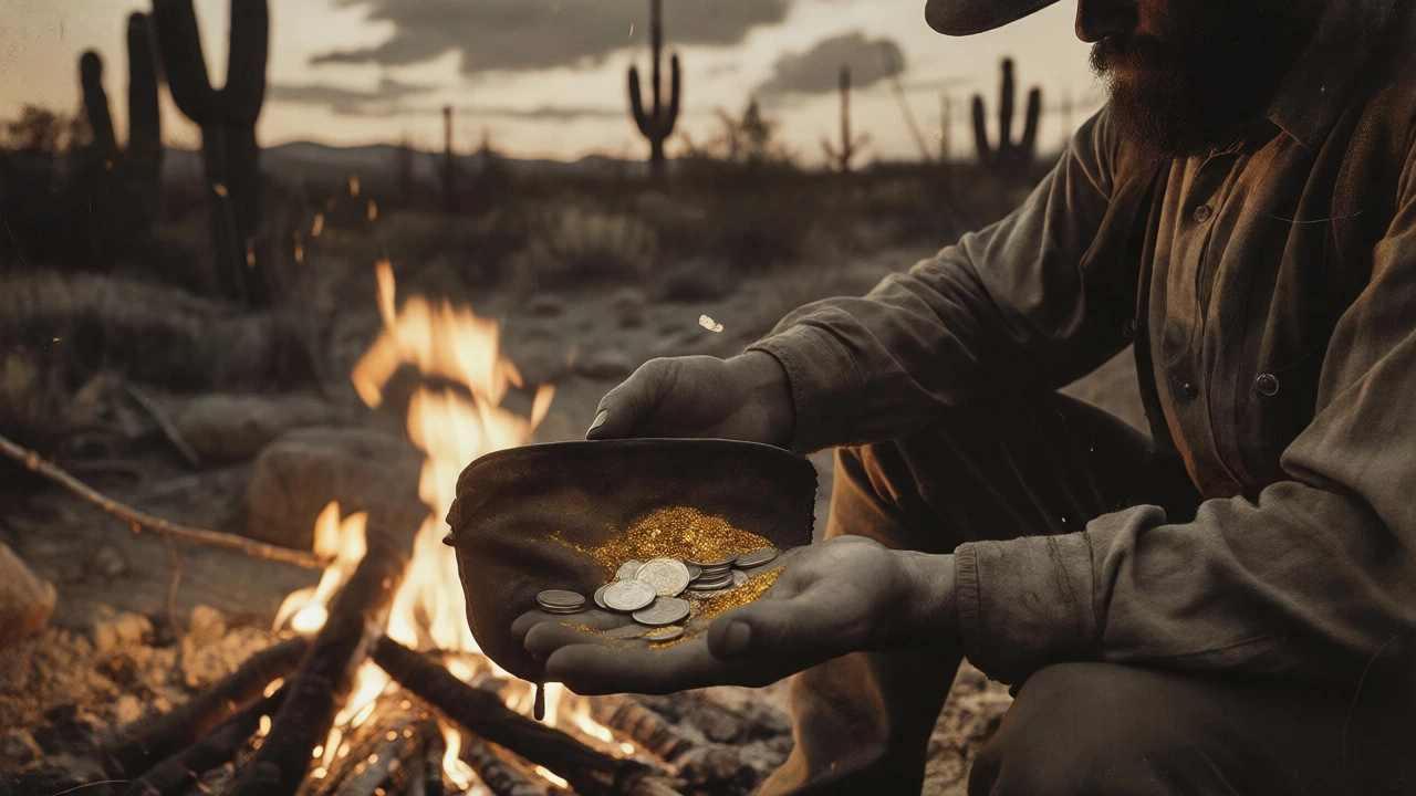 Prospector holding gold dust and silver coins by a campfire