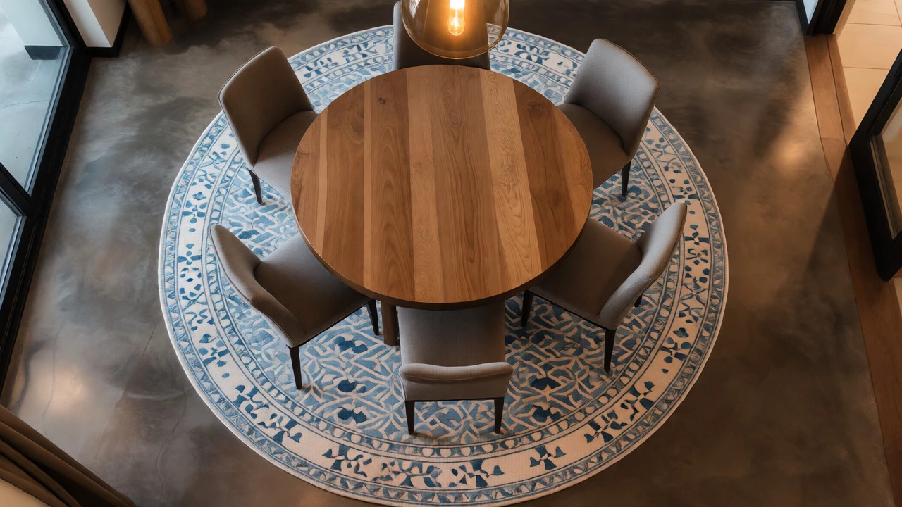 Round rug centered under a dining table for smooth chair movement
