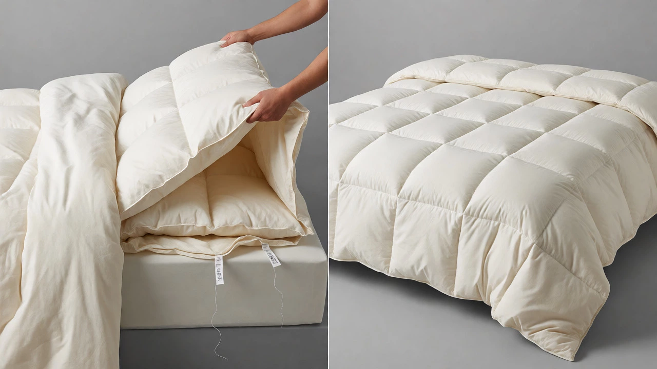 Side-by-side comparison showing a duvet insert being covered versus a fixed quilted comforter.